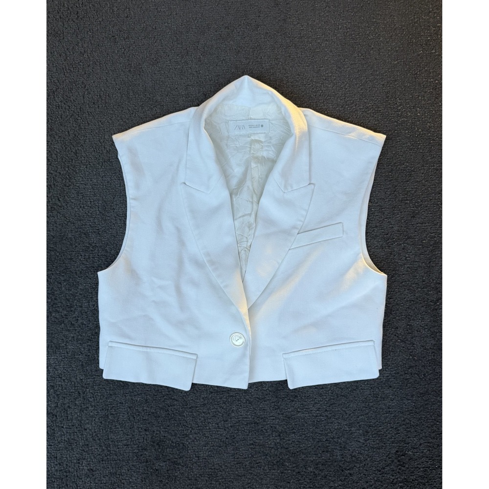 Zara Women White Cropped Sleeveless Blazer Vest Notched Lapel Size S Small